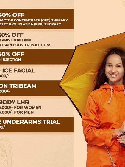 Our Monsoon Offers for August, featuring discounts on a wide range of services from GFC/PRP hair therapy and skin boosters to our popular Fire & Ice Facial and Carbon Tribeam.