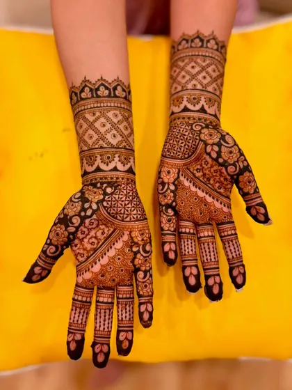 An intricate engagement design for Samiksha, with dense floral and geometric work.