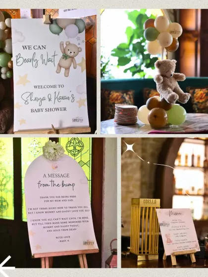 Personal touches make all the difference. This collage shows some of the custom details from a teddy bear baby shower, including a "message from the bump" sign and personalized stationery.