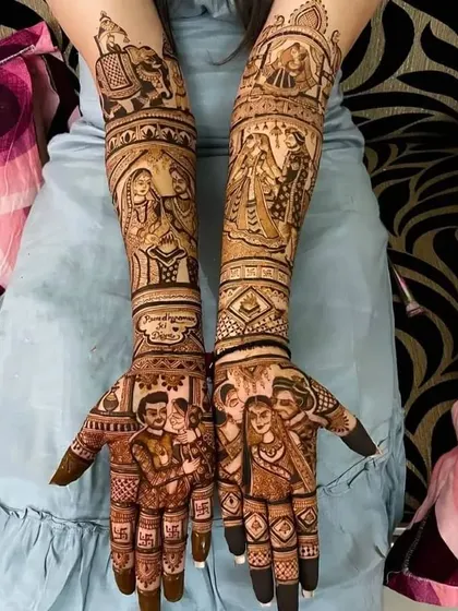 A beautiful family portrait mehndi. This design includes the couple with their child, telling the story of their family on the bride's hands.