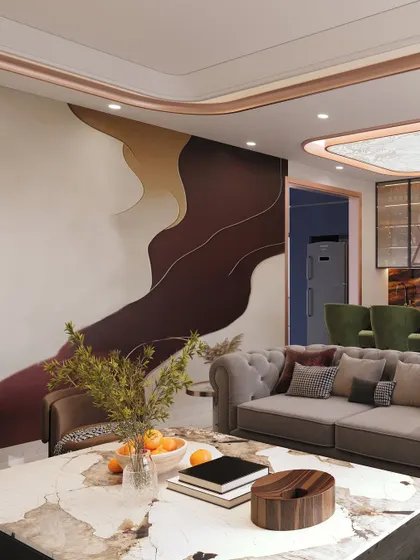 A close-up of the abstract wall mural, which adds a dramatic and artistic flair to the living room, complemented by the marble-topped coffee table.