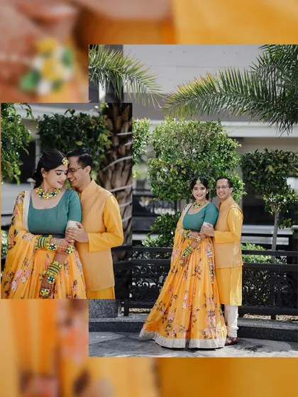 A collage of a couple's Haldi ceremony portraits. Their yellow and teal outfits create a beautiful and unique color combination for the event.