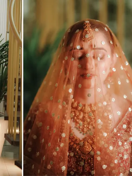 A beautiful, soft-focus portrait of the bride under her veil. The golden light gives the image a warm and ethereal glow.