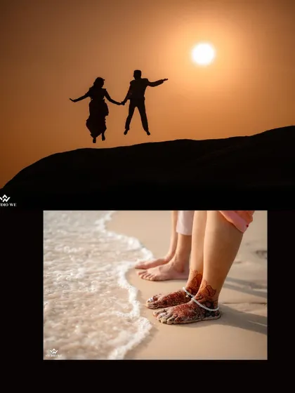 A creative silhouette of the couple jumping against the sunset, paired with a detailed shot of their feet in the sand. This collage tells a story of joy, freedom, and love by the sea.