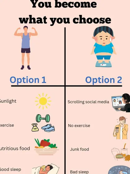 You become what you choose. This graphic illustrates the two paths: one of healthy habits like exercise and nutritious food, and one of unhealthy habits like junk food and bad sleep.
