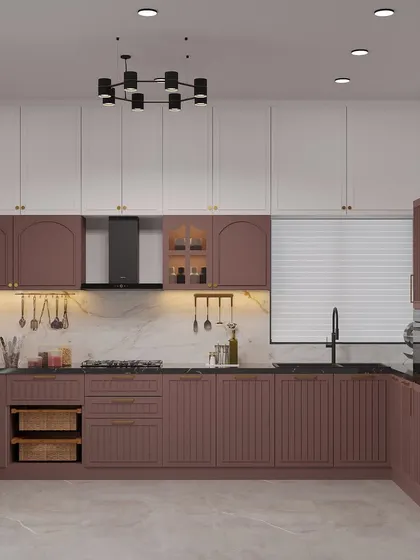 A full view of the mauve and white kitchen render, demonstrating a soft and elegant two-tone design.