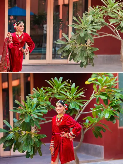 A collage showing the bride's playful and confident poses before her wedding. These shots capture her excitement and the beauty of her getting-ready robe.