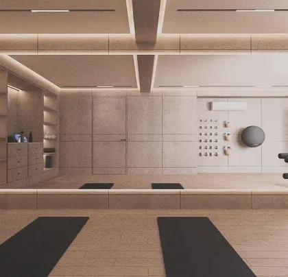 We believe wellness should be integrated into the home. This modern home gym, designed for a residential project, features clean lines, ample storage, and integrated lighting to create a motivating and serene workout environment.