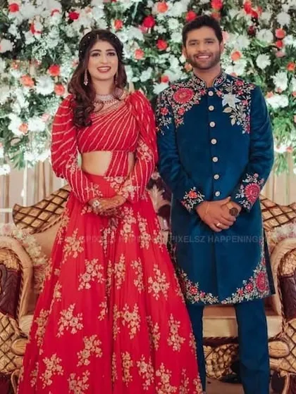 Actress Aditi Prabhudeva looking stunning at her reception. I had the honor of creating this glamorous look for her, featuring a bold red lehenga and perfectly coordinated makeup.