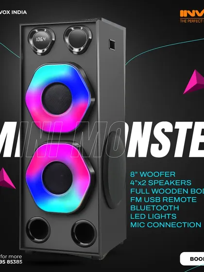 Unleash the sound beast with the Mini Monster. Its sleek design includes a powerful 8-inch woofer, dynamic LED lights, and a full wooden body for rich acoustics.