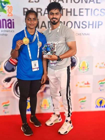 Our champion para-athlete Gangavva with her coach after her gold medal win in the javelin throw. A partnership built on trust and hard work.