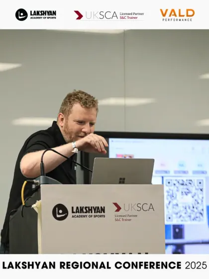 A UKSCA trainer presents at the Lakshyan Regional Conference 2025, sharing insights with an engaged audience of coaches and sports professionals.