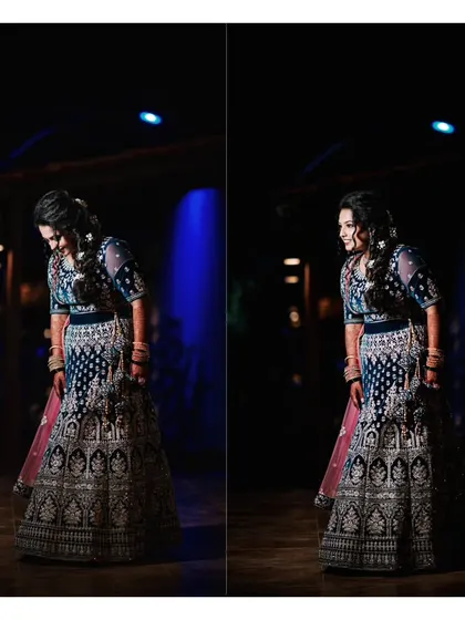 A diptych of the bride in her stunning blue reception lehenga, captured with dramatic lighting.