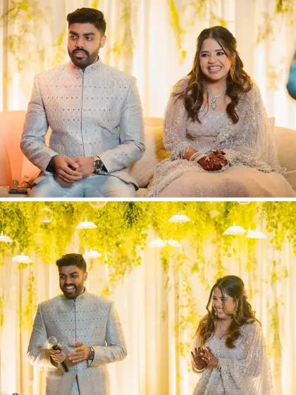 Two candid moments from the engagement ceremony. The couple's funny expressions and genuine laughter during the speeches show the lighthearted and personal nature of their celebration.
