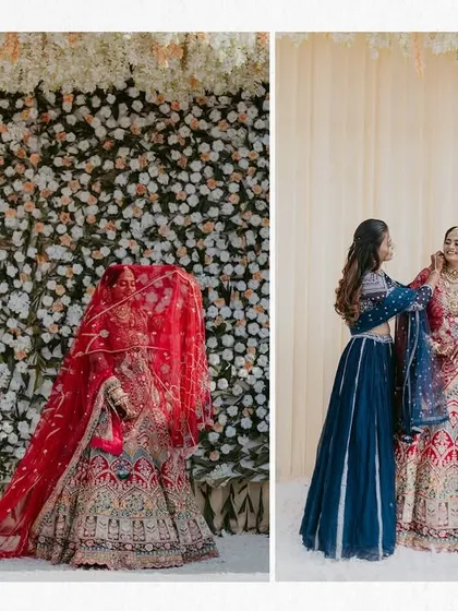 A diptych showing the bride against a wall of flowers and a moment with her bridesmaids, capturing both grandeur and intimacy.