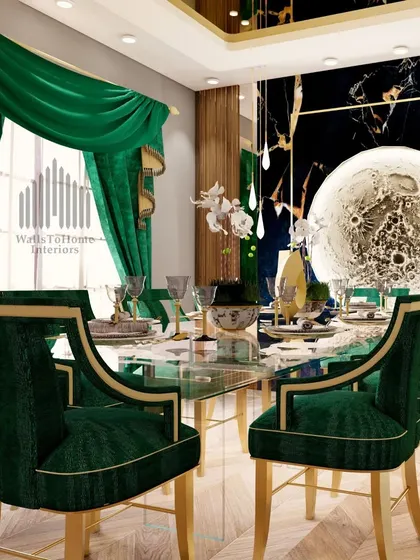 A different angle of the opulent dining room, highlighting the intricate details on the chairs and the dramatic effect of the full-length green curtains.
