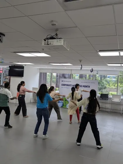 A glimpse of my Zumba session at Mercer during their wellness month. I ensure my routines are engaging from every angle, so the whole group feels part of the action.