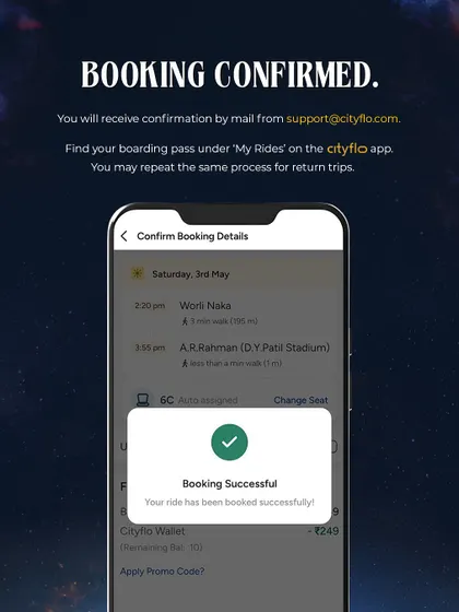 A step-by-step visual guide on how to use the Cityflo app to book your bus ride to our concert, from registration to booking confirmation.