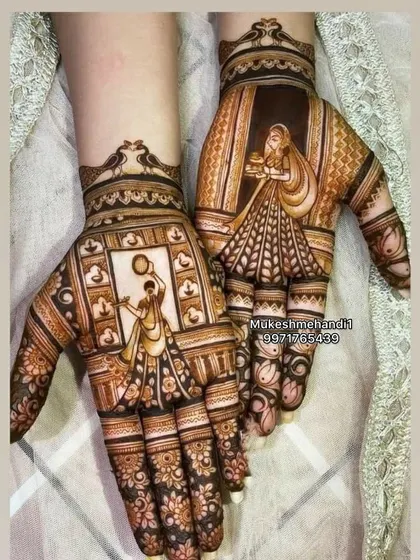 An artistic take on the Karwa Chauth theme, with two figures of women looking at the moon. The intricate details in their attire and the floral patterns make this design stand out.