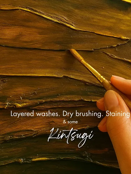 In our Wabi Sabi workshop, we use techniques like layered washes, dry brushing, and a touch of Kintsugi to create art that feels ancient and meaningful.