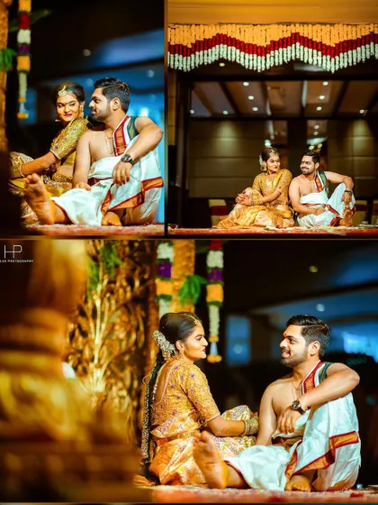 Quiet moments of conversation and connection between the bride and groom amidst the wedding rituals.