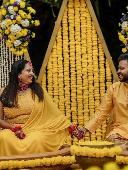 The grand entrance with colorful smoke bombs makes for an epic start to the Haldi festivities. We love capturing the energy and excitement of the wedding party.
