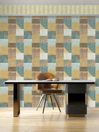 This geometric block pattern uses a palette of blue, yellow, and brown. The varied textures within the squares create a playful yet sophisticated look for a contemporary workspace.