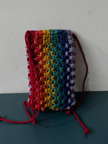 This side view of the rainbow pouch shows its construction and how the colors blend together.