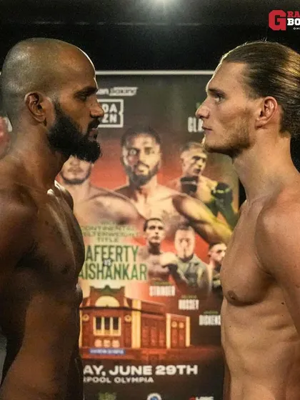 An intense stare-down between our Indian fighter and his UK opponent before their IBO title fight.