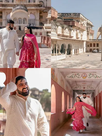 More moments from a royal-themed pre-wedding shoot, showing the couple exploring the palace grounds and sharing joyful, candid interactions.