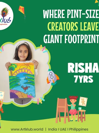 Seven-year-old Risha is a pint-sized creator leaving giant footprints with her colorful landscape drawing.