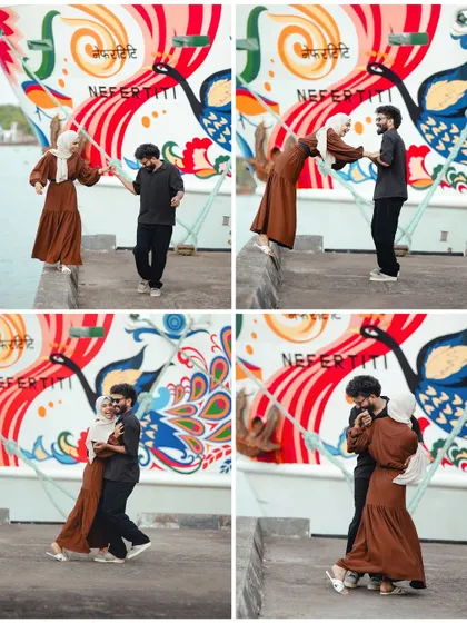 A fun, sequential collage showing a couple playfully interacting on a pier, with a colorful ship in the background. It captures their dynamic and joyful relationship.