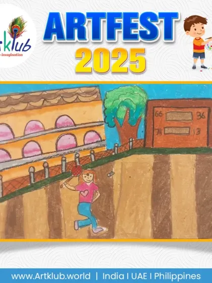 A badminton player in action in front of a building with a scoreboard, by a junior artist.