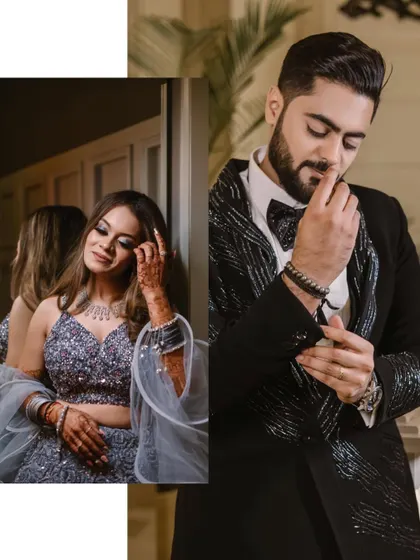 A stylish collage of Tushar and Shriya getting ready for their engagement night, capturing individual portraits that build anticipation.
