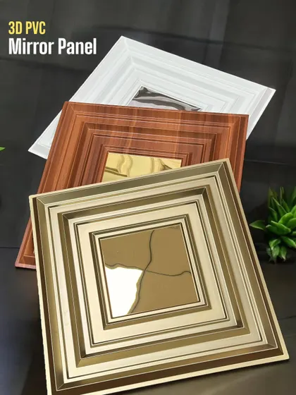 Say goodbye to damp walls with my luxury PVC panels. This image shows the different finishes available for my 3D mirror panels, a stylish and practical solution for any room.