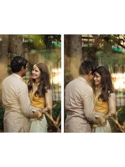 A diptych showing the couple sharing an intimate gaze during their mehendi. The soft focus and warm tones add to the romantic feel of the moment.