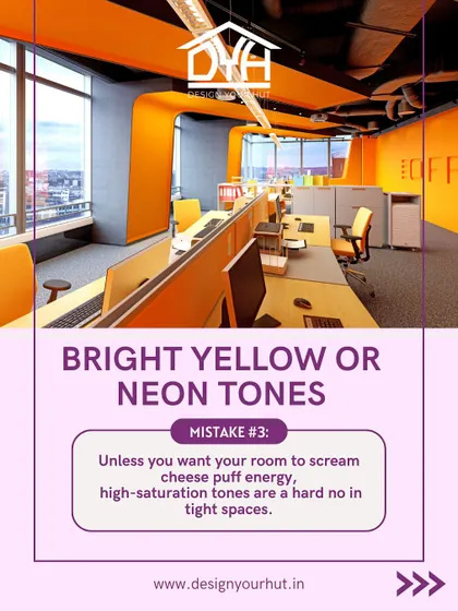 This is an example of using color strategically in an office environment. While bright neon can be overwhelming, a well-placed, high-energy color like this yellow creates dynamic zones for collaboration and creativity without shrinking the space. It's about being bold, not just loud.