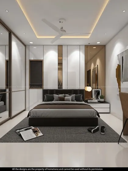 A full view of the kids' bedroom, showing the bed, study desk, and a large wardrobe with a mix of white and mirrored panels.