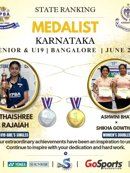 Hithaishree, Ashwini Bhat, and Shikha Gowtham with their medals from the Karnataka Senior & U19 State Ranking tournament.