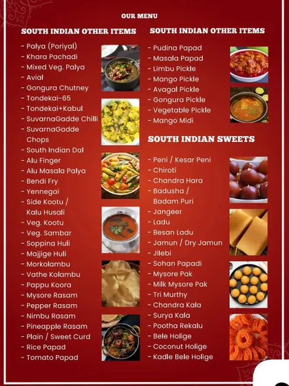 Explore our diverse offerings of South Indian main courses, side dishes (palyas), and traditional sweets. From Avial and Veg Kootu to Mysore Pak and Jalebi, we have something to satisfy every taste.