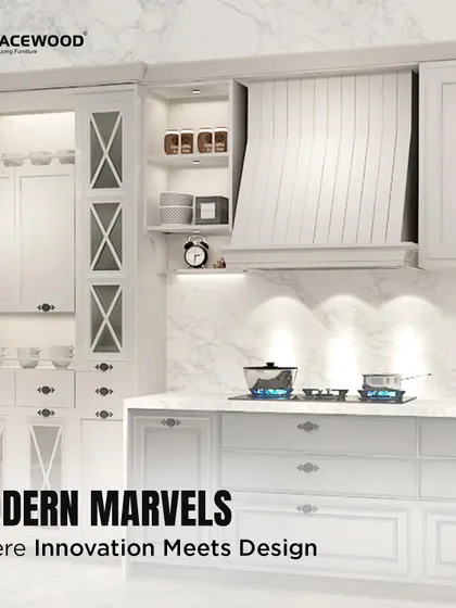 This is a modern marvel where innovation meets classic design. The all-white kitchen features shaker cabinets, a panelled range hood, and glass-fronted display units with an 'X' motif, all set against a stunning marble backsplash.