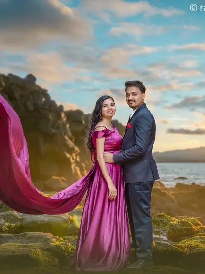 I love creating dramatic, movie-like shots for my couples. For this pre-wedding photo session at the beach, we used the golden hour sunset and a flowing gown to create a truly epic and romantic portrait against the sea.