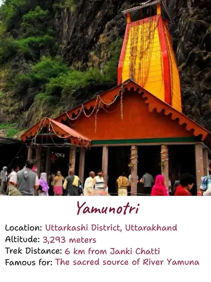 Your guide to Yamunotri Dham. This image explains that reaching the sacred source of the River Yamuna involves a 6 km trek from Janki Chatti.