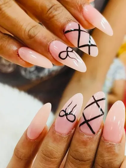 A chic and playful design featuring a sheer pink base with delicate black line art. The corset-style lacing and bow details add a touch of feminine and trendy flair.