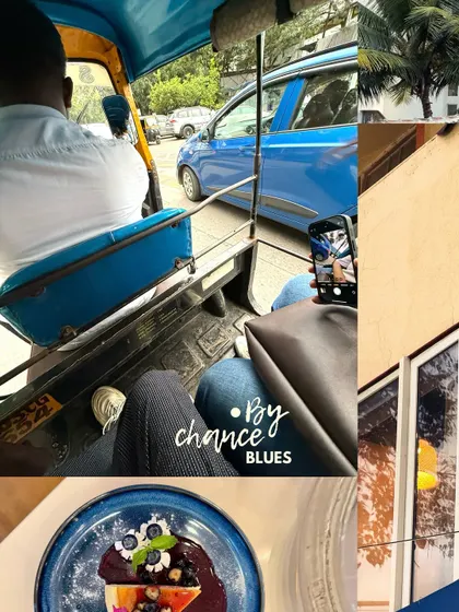 By chance blues. A collage of a Bandra cafe-hopping moodboard, from the auto ride to a beautiful blueberry cheesecake.