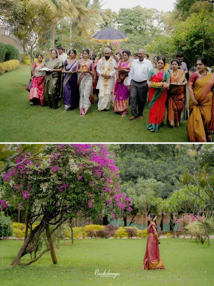 A collage showing the groom's procession and a solitary, beautiful shot of the bride in the gardens, creating a narrative of their separate paths converging.