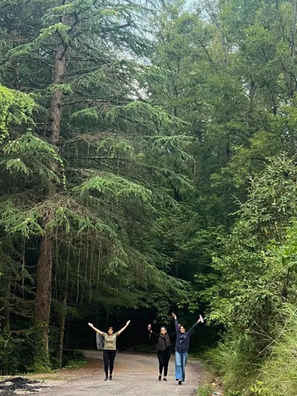 Guests on a retreat joyfully walking through a forest of tall trees. Cultivating a love for the outdoors is one of the greatest gifts we can give ourselves.