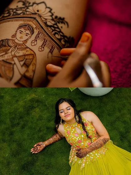 A split image showing the art in progress and the bride peacefully enjoying the moment with her completed design.