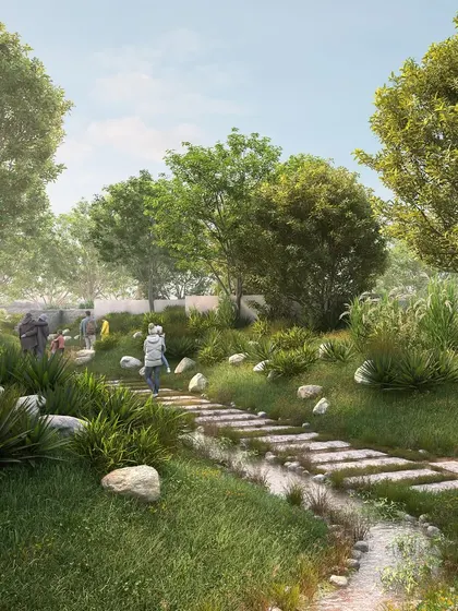 **Tricone City Extension, Indore:** A rendering of the 'Nature in Pockets' master plan. We designed a community of 18 interconnected parks, including bioswales and natural pathways, to create a green, walkable, and sustainable township.