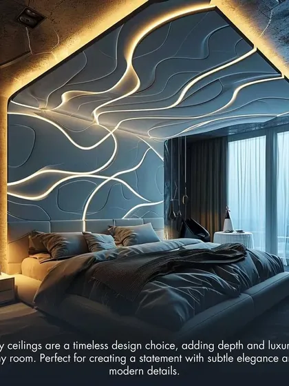 This dramatic ceiling design uses flowing, organic shapes with integrated backlighting to create a stunning visual effect. It turns the ceiling into the main work of art in the room.